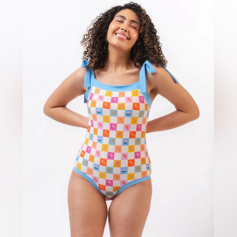 NWT Lime Ricki FLOWER CHECK BANDEAU ONE-PIECE swim suit